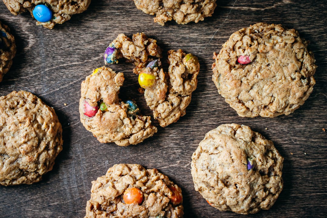 monster cookies with a broken cookie in the middle