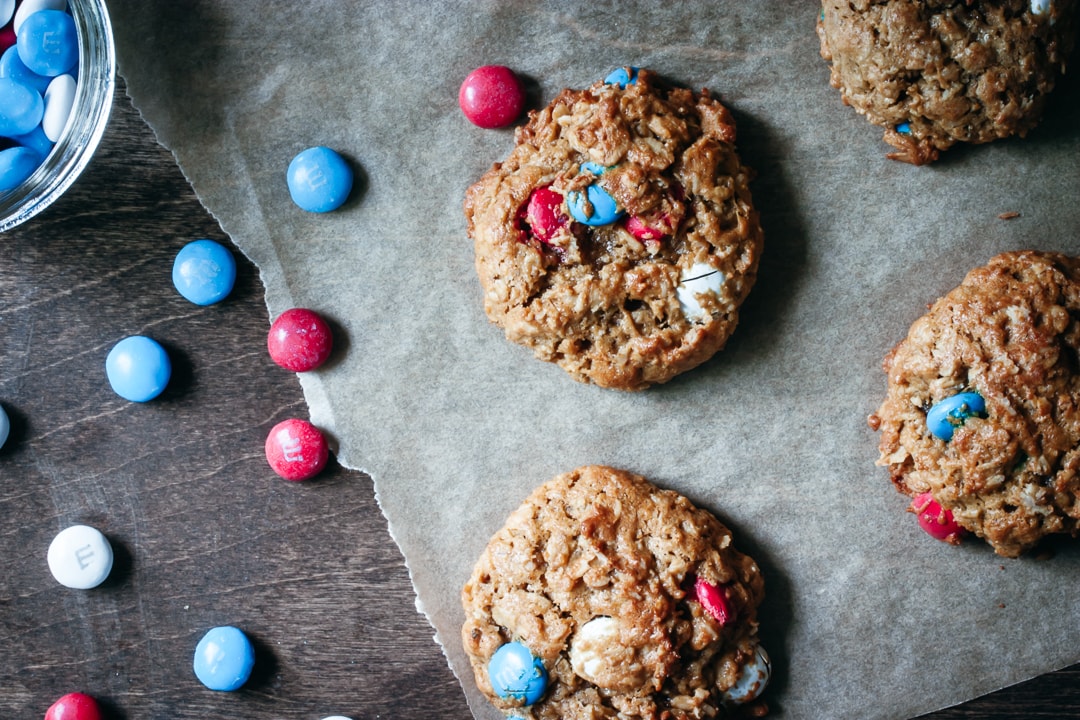 red, white, and blue colored M&M cookies