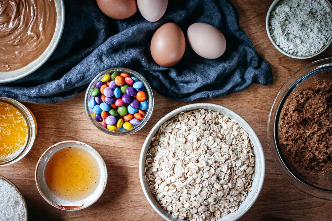 ingredients for recipe in different size bowls