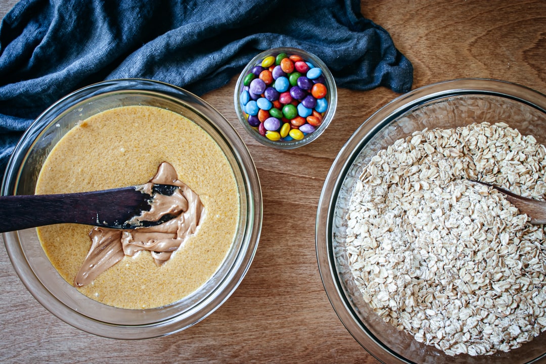 peanut butter added to mixed wet mixture