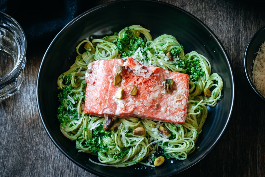 Sautéed Salmon on a bed of ramp pesto pasta