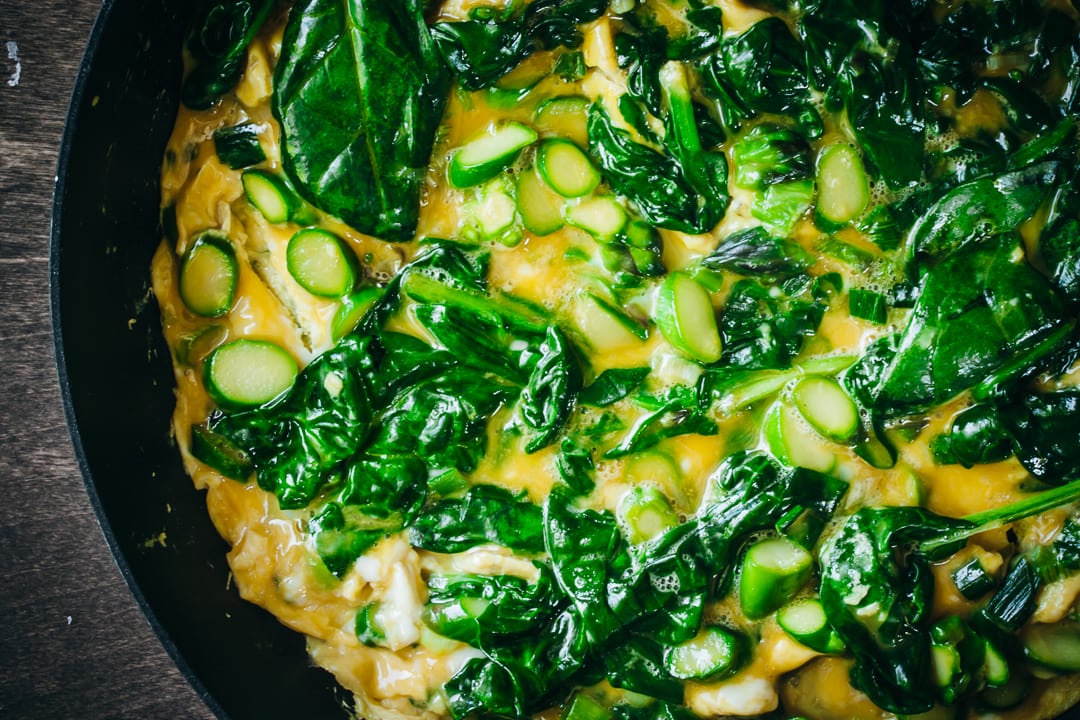 partially cooked frittata in a skillet