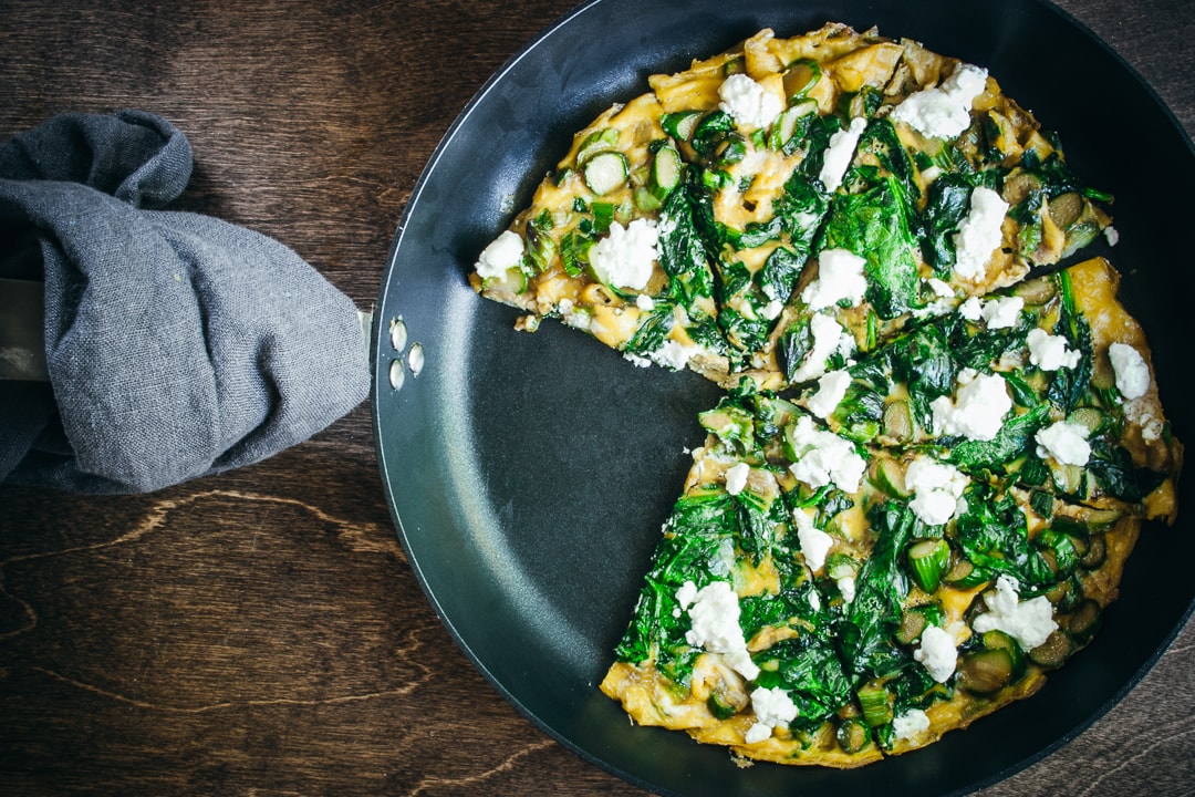 frittata cut into triangles in a skillet