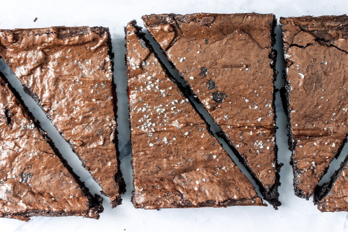 small-batch brownies cut into triangles sprinkled with salt