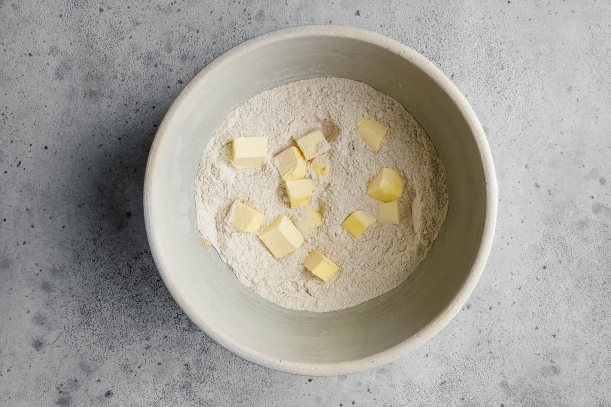 cold butter in a large bowl with dry ingredients