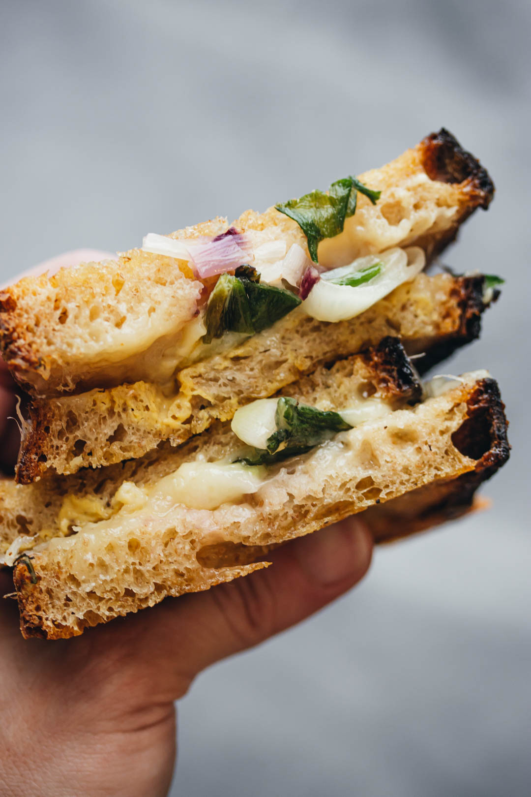 hand holding a grilled cheese sandwich with charred scallions in the air