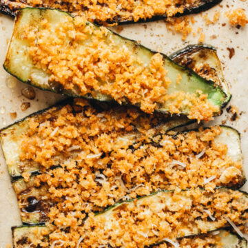 grilled summer squash planks topped with toasted parmesan breadcrumbs