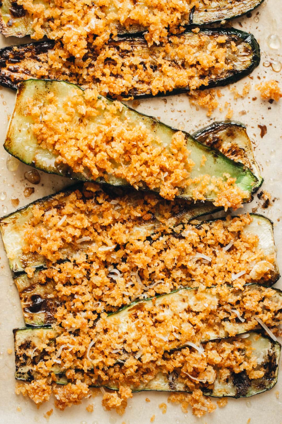 grilled summer squash planks topped with toasted parmesan breadcrumbs