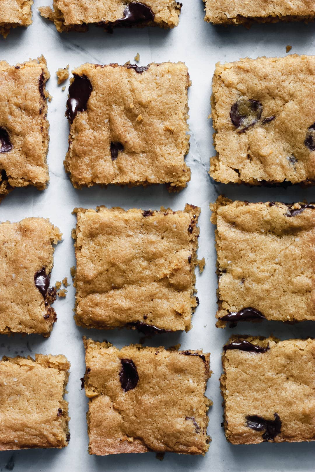 chocolate chip cookie bars cut in squares sprinkled with salt