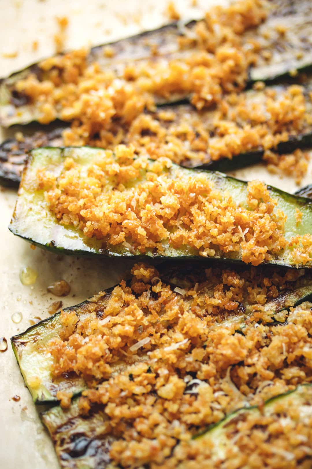 grilled summer squash planks topped with toasted parmesan breadcrumbs